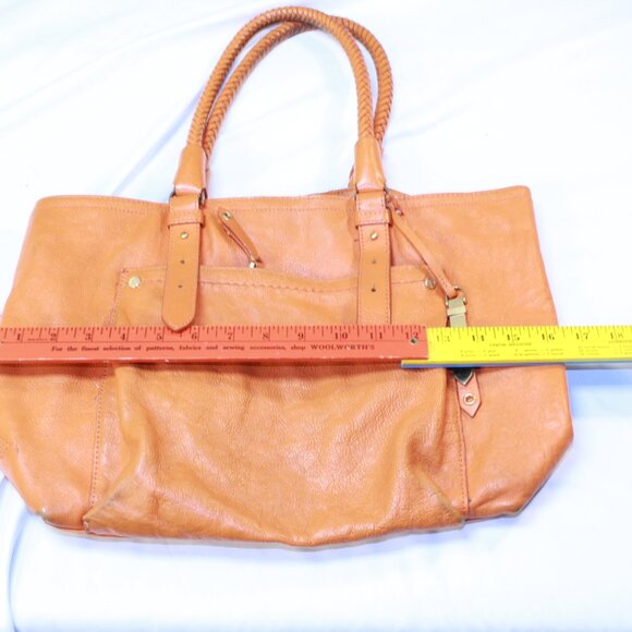 Cole Haan Orange Pebbled Leather Double Braided Handle Footed Large Tote Bag - Picture 12 of 16